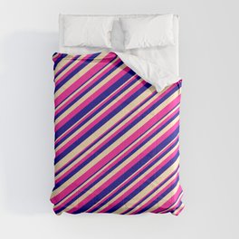 [ Thumbnail: Deep Pink, Dark Blue & Beige Colored Lined Pattern Comforter ]