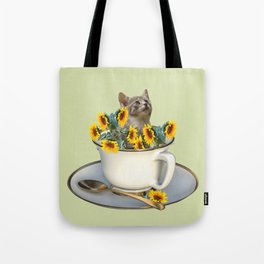 Grey Cat in coffee cup with sunflowers Tote Bag