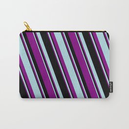 [ Thumbnail: Powder Blue, Purple, and Black Colored Striped/Lined Pattern Carry-All Pouch ]