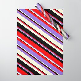 [ Thumbnail: Red, Purple, Beige & Black Colored Pattern of Stripes Wrapping Paper ]