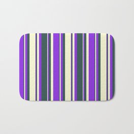 [ Thumbnail: Dark Slate Gray, Light Yellow, and Purple Colored Lines/Stripes Pattern Bath Mat ]