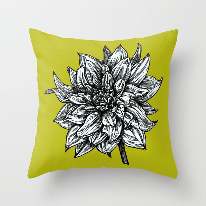 Intricate Drawing of a Blooming Dahlia on a Vibrant Background Throw Pillow