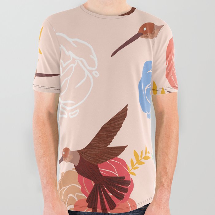 Hummingbird Print Bird Lover On Pink Background Pattern All Over Graphic Tee
