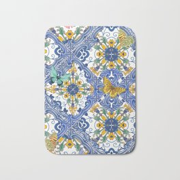 Blue ceramic maiolica tiles, yellow flowers and butterflies Bath Mat