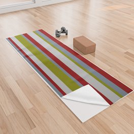 [ Thumbnail: Slate Gray, Green, Grey & Dark Red Colored Pattern of Stripes Yoga Towel ]