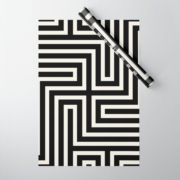 Geometric Mid Century Modern Maze - Black & White Wrapping Paper