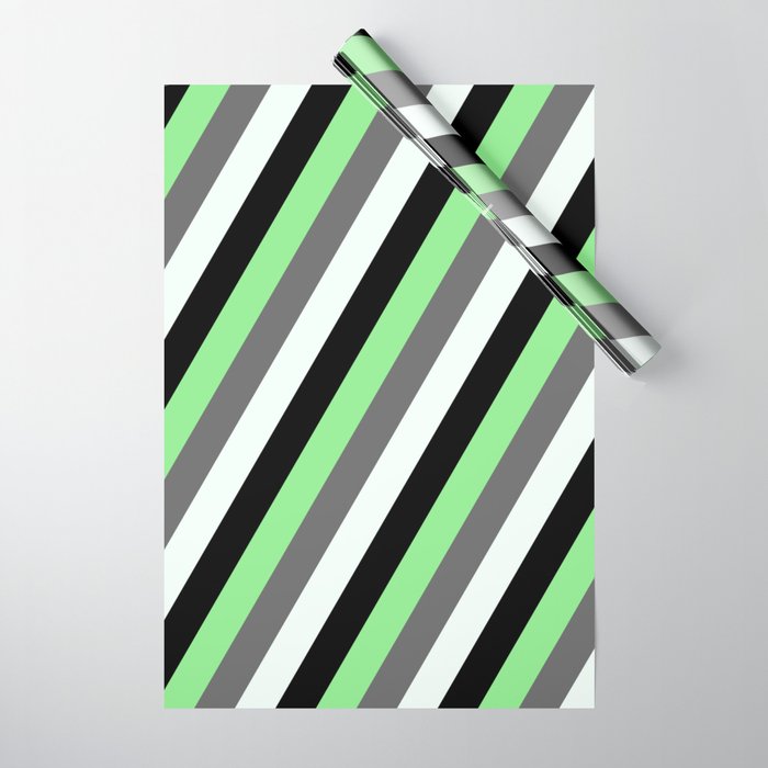 Light Green, Dim Grey, Mint Cream, and Black Colored Striped Pattern Wrapping Paper