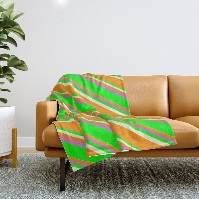 Light Yellow, Dark Orange, Orchid, and Lime Colored Lined Pattern Throw Blanket