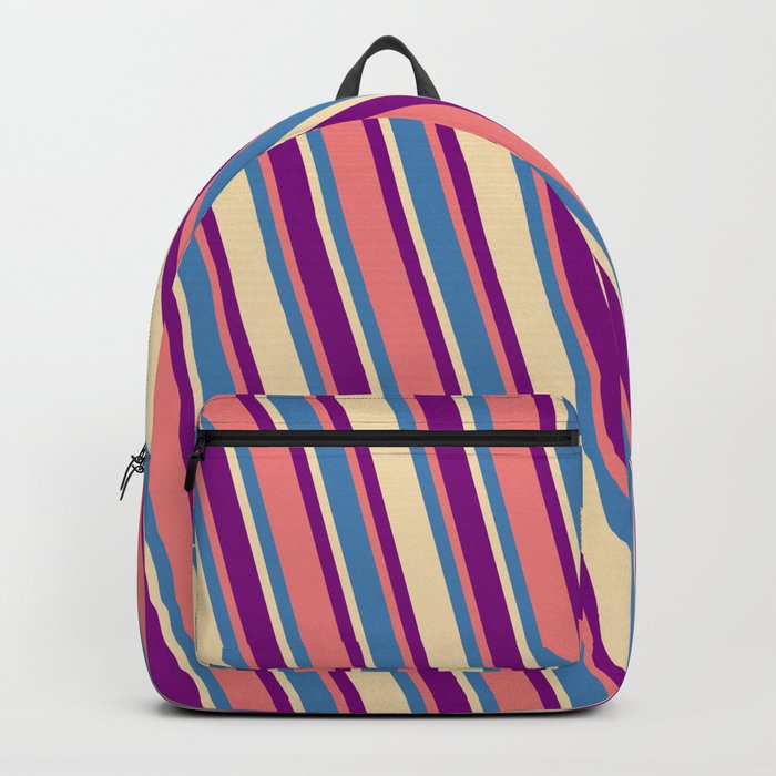 Blue, Tan, Purple & Light Coral Colored Pattern of Stripes Backpack