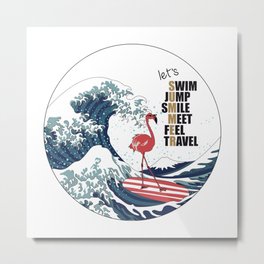 Flamingo surfing Blue wave Ocean Metal Print | Coolflamingo, Graphicdesign, Pop Art, Swimmingpoolart, Flamingoartprint, Japanesewaveart, Summerflamingo, Digitalartwork, Pinkflamingo, Flamingovectorart 