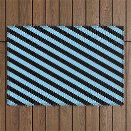 [ Thumbnail: Black and Sky Blue Colored Lined Pattern Outdoor Rug ]