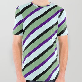 [ Thumbnail: Dark Sea Green, Indigo, Light Cyan, and Black Colored Striped Pattern All Over Graphic Tee ]