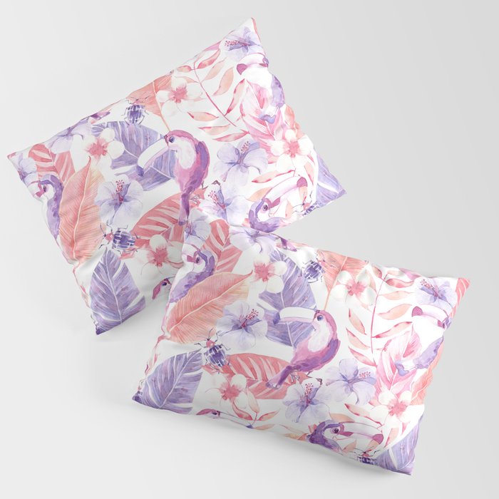 Cute abstract tropical watercolor hand painted illustration pattern with flamingo palm leaves Pillow Sham