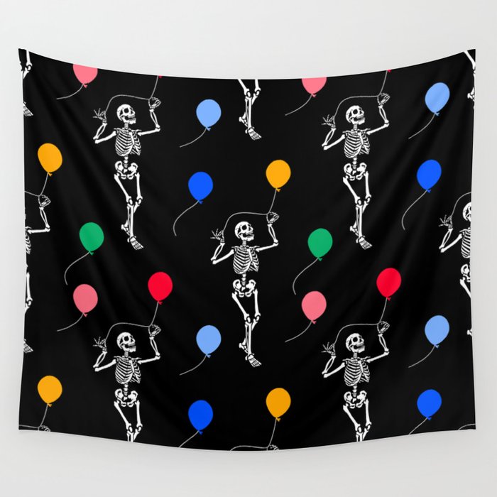 Skeleton with a balloon at a party Wall Tapestry