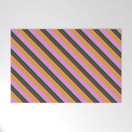 [ Thumbnail: Vibrant Purple, Goldenrod, Violet, Dark Green & White Colored Lined Pattern Welcome Mat ]