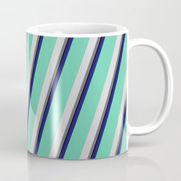 [ Thumbnail: Vibrant Midnight Blue, Aquamarine, Light Gray, Dim Gray, and Black Colored Pattern of Stripes Coffee Mug ]