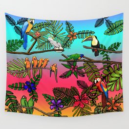 Tropical Parrots In A Jungle Sunset Wall Tapestry