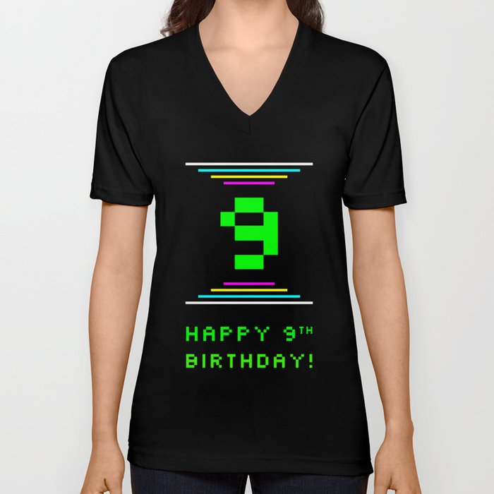 9th Birthday - Nerdy Geeky Pixelated 8-Bit Computing Graphics Inspired Look V Neck T Shirt