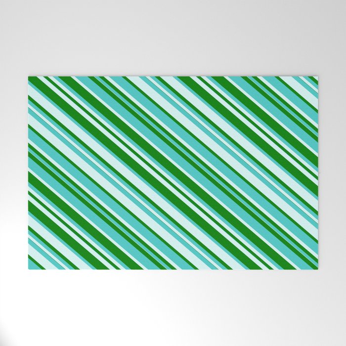 Green, Turquoise & Light Cyan Colored Lined/Striped Pattern Welcome Mat