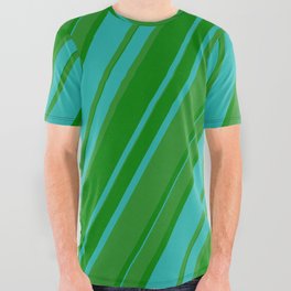 [ Thumbnail: Forest Green, Green & Light Sea Green Colored Pattern of Stripes All Over Graphic Tee ]