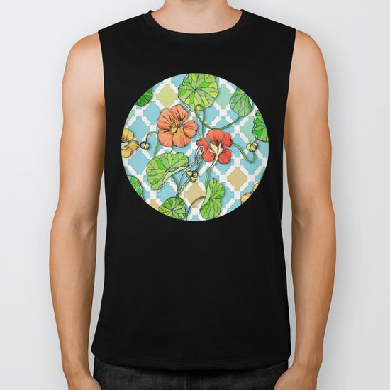 Climbing Nasturtiums on Blue and White Biker Tank