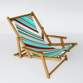[ Thumbnail: Eyecatching Sea Green, Light Grey, Cyan, Dark Red, and White Colored Lines Pattern Sling Chair ]