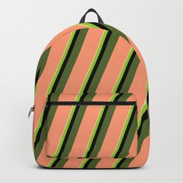 [ Thumbnail: Colorful Pale Goldenrod, Green, Black, Dark Olive Green & Light Salmon Colored Lined/Striped Pattern Backpack ]