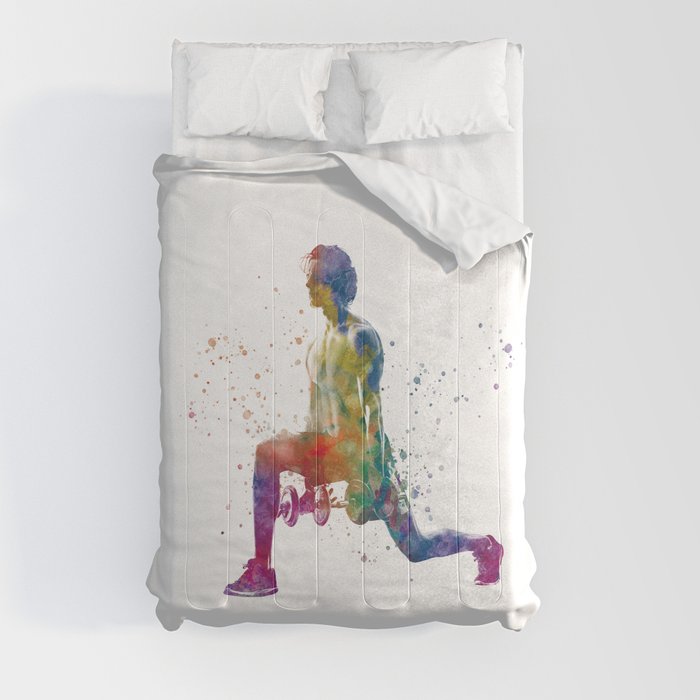 Young man exercising fitness in watercolor Comforter