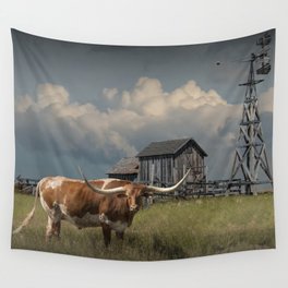 Longhorn Steer in a Prairie pasture by 1880 Town with Windmill and Old Gray Wooden Barn Wall Tapestry