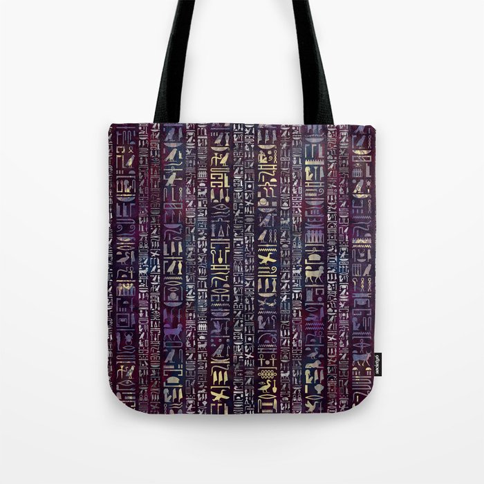 Egyptian hieroglyphs on purple violet painted texture Tote Bag