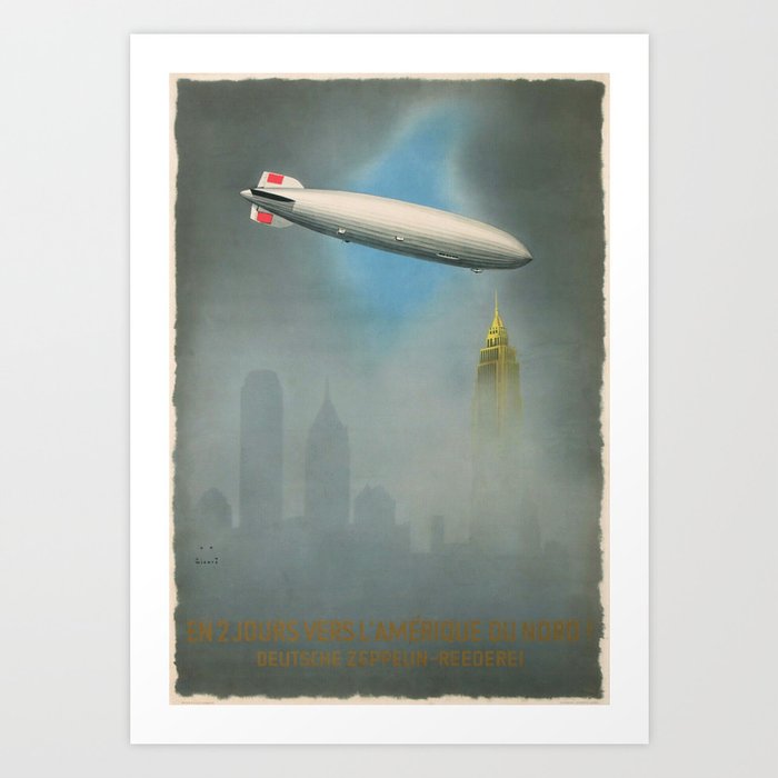 1920's Berlin to New York City Graf Zeppelin Blimp Empire State Building Vintage Travel Advertising Poster Art Print