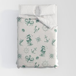 Green Blue Silhouettes Of Vintage Nautical Pattern Duvet Cover