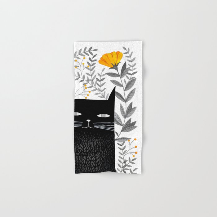 black cat with botanical illustration Hand & Bath Towel