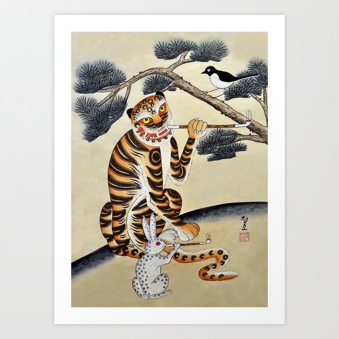 Korean Minhwa Tiger with Pipe Art Print