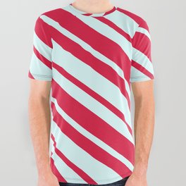 [ Thumbnail: Light Cyan and Crimson Colored Lines Pattern All Over Graphic Tee ]