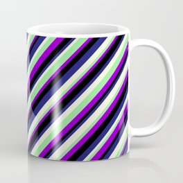 [ Thumbnail: Dark Violet, Black, Midnight Blue, Beige & Light Green Colored Lined Pattern Coffee Mug ]