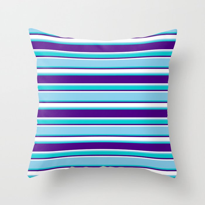 Sky Blue, Dark Turquoise, Indigo & White Colored Lines Pattern Throw Pillow