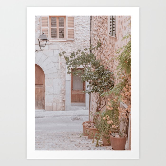 Spain Village Stairs Floral Street Mediterranean Travel Art Print