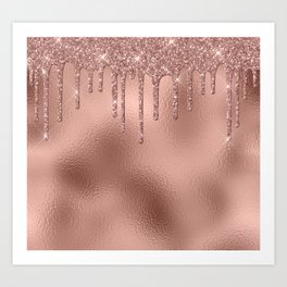 Rose Gold Glitter Drips Metallic Foil Art Print