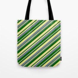 [ Thumbnail: Slate Gray, Dark Green & Tan Colored Lines/Stripes Pattern Tote Bag ]