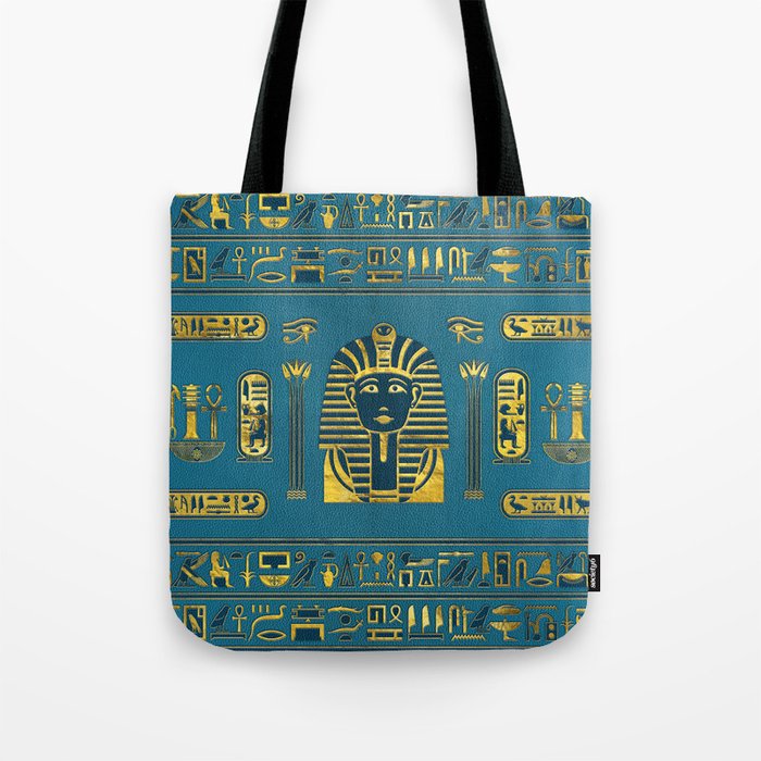 Gold Sphinx head with Egyptian hieroglyphs on blue leather Tote Bag