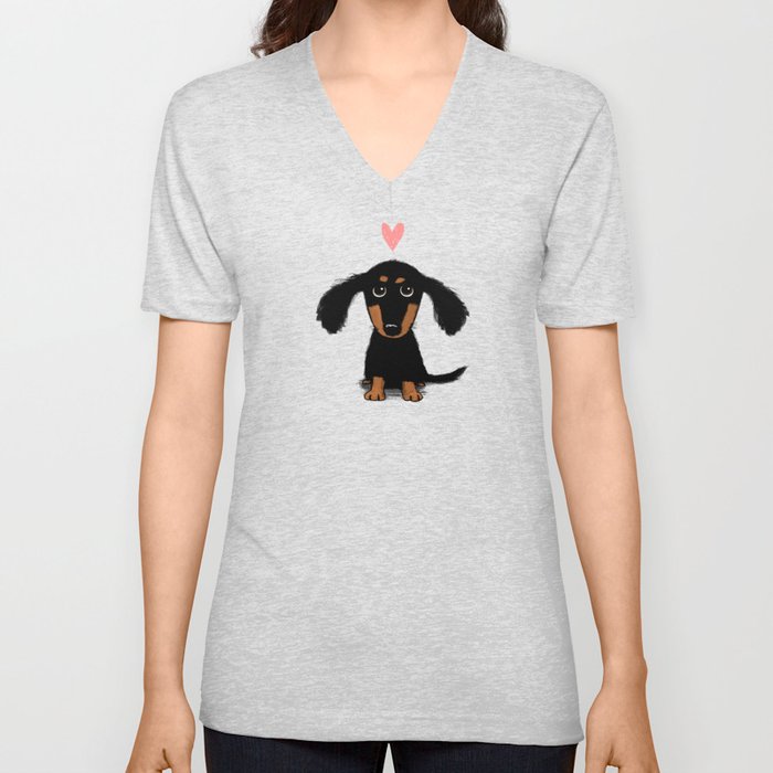 Dachshund Love | Cute Longhaired Black and Tan Wiener Dog V Neck T Shirt