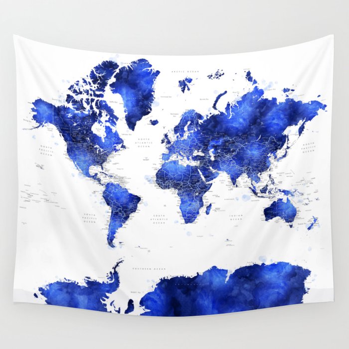 Navy blue watercolor world map with cities Wall Tapestry by ...