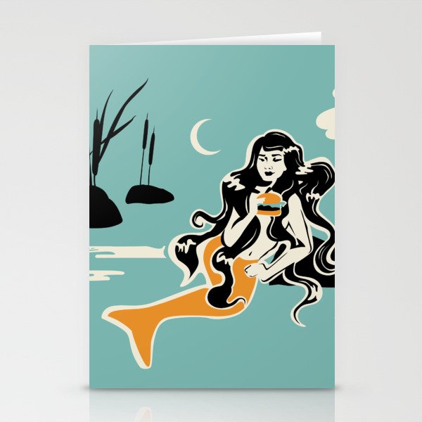 Storybook mermaid eating a hamburger Stationery Cards