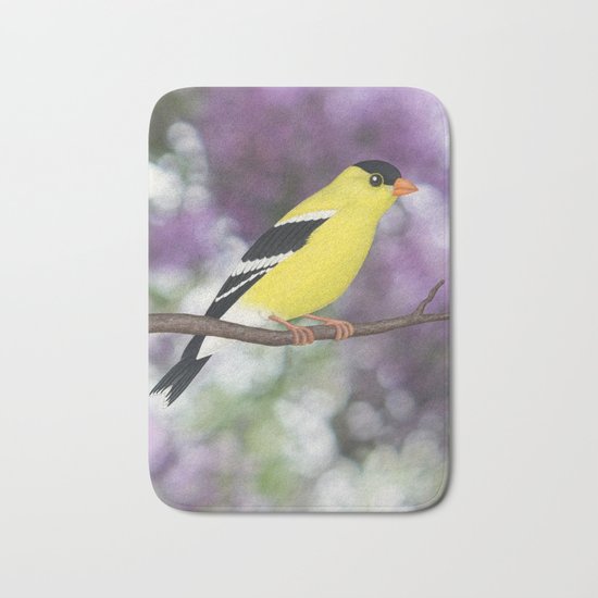 American goldfinch male bokeh Bath Mat