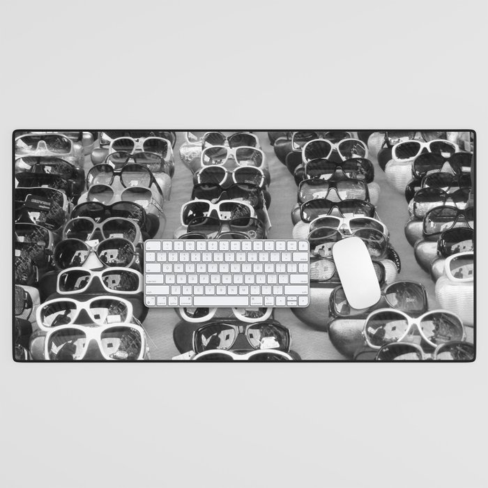Haute couture French sunglasses in storefront window black and white photograph - photography - photographs Desk Mat