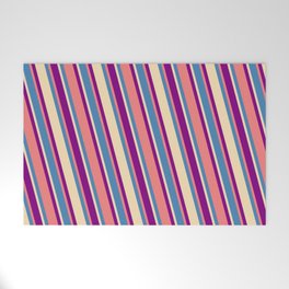 [ Thumbnail: Blue, Tan, Purple & Light Coral Colored Pattern of Stripes Welcome Mat ]