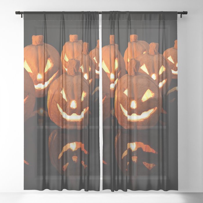 Halloween Pumpkin with Burning Candles on Black Background Sheer Curtain