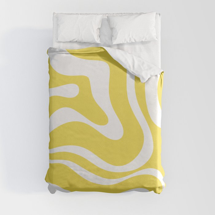Retro Modern Liquid Swirl Abstract Pattern Square in Lemon Yellow and White Duvet Cover