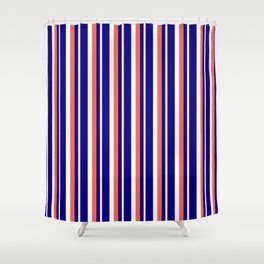 [ Thumbnail: Red, White, and Dark Blue Colored Stripes Pattern Shower Curtain ]